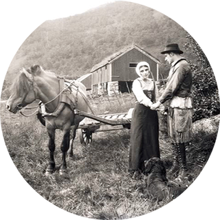 Picture Et sort hvitt fotografi der en ung kvinne og mann holder hverandre i hendene. En hest og vogn står ved siden av. I bakgrunnen ser vi fjell og en bygning med torvtak.